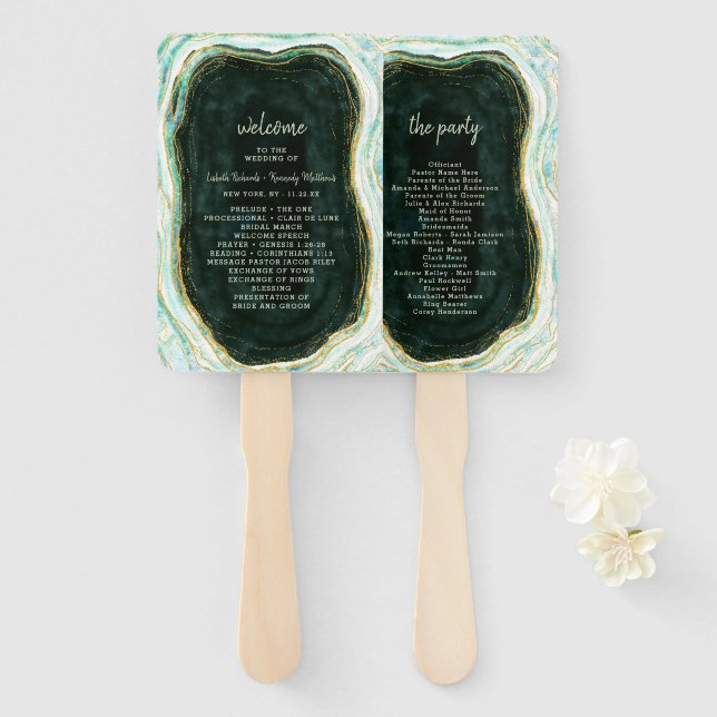 Teal Green & Gold Agate Wedding Ceremony Program Hand Fan (Front and Back)