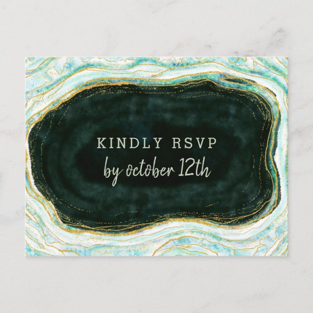 Teal Green & Gold Agate Wedding Meal Choice RSVP Postcard (Front)