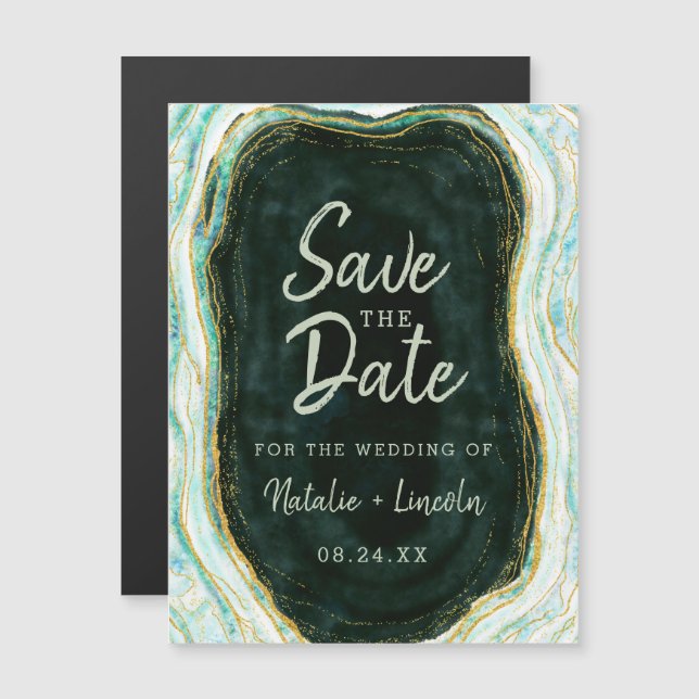 Teal Green & Gold Agate Wedding Save the Date Magnetic Invitation (Front/Back)