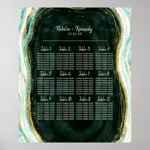 Teal Green Gold Agate Wedding Table Seating Chart