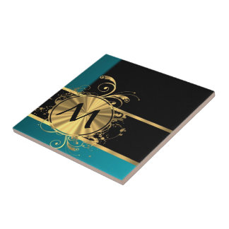 Teal green gold and black monogram ceramic tile