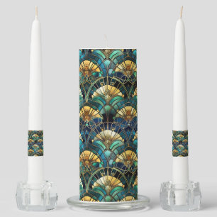 TEAL GREEN GOLD ART DECO STAINED GLASS LOOK UNITY CANDLE SET