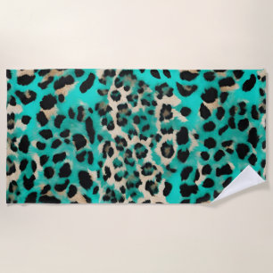 Teal Green Gold Beige Leopard Print Beach Towel