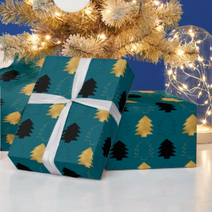 Teal Green Gold Black Christmas Trees Wrapping Paper