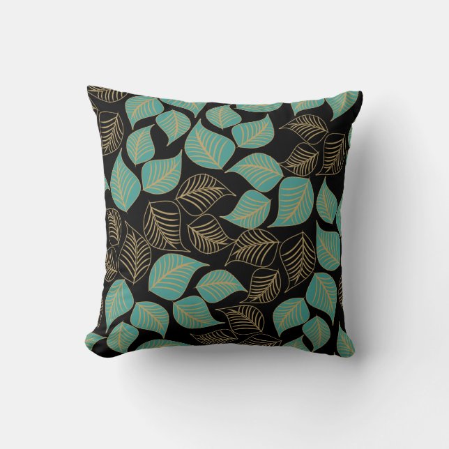 Teal green gold broad leaves pattern on black throw pillow (Front)