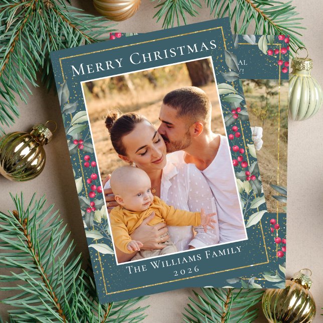 Teal Green Gold Christmas Holly Berries 2 Photo Holiday Card (Creator Uploaded)