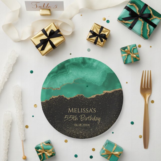Teal Green Gold Glitter Abstract Watercolor Marble Paper Plates (Creator Uploaded)