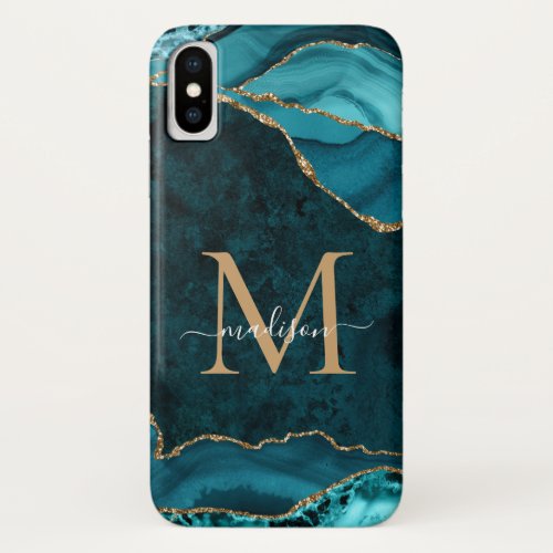 Teal Green Gold Glitter Agate Gemstone Monogram iPhone X Case