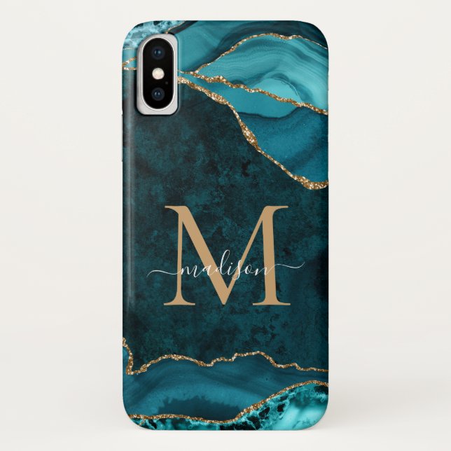 Teal Green Gold Glitter Agate Gemstone Monogram Case-Mate iPhone Case (Back)