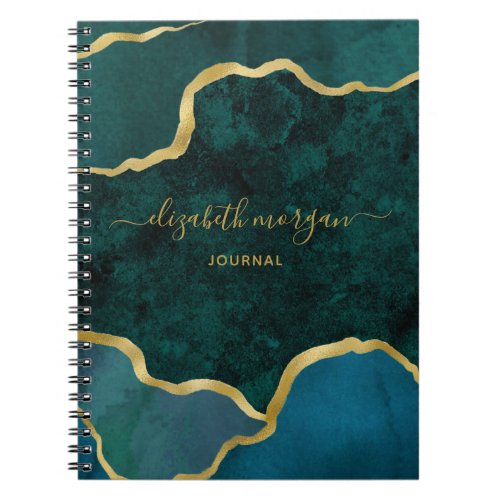 Teal Green Gold Glitter Agate Geode Name Notebook