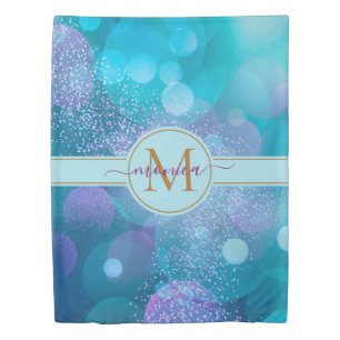 Teal Green Gold Glitter Bokeh Monogram Name Duvet Cover