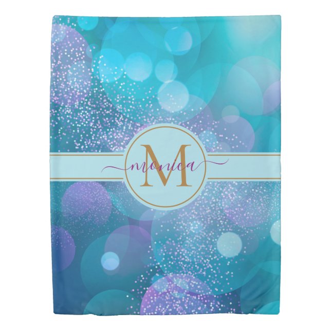 Teal Green Gold Glitter Bokeh Monogram Name Duvet Cover (Front)