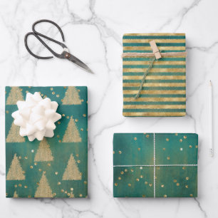 Teal Green Gold Glitter Christmas Tree Wrapping Paper Sheets