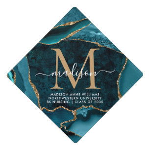 Teal Green Gold Glitter Monogram Marble Agate Grad Graduation Cap Topper