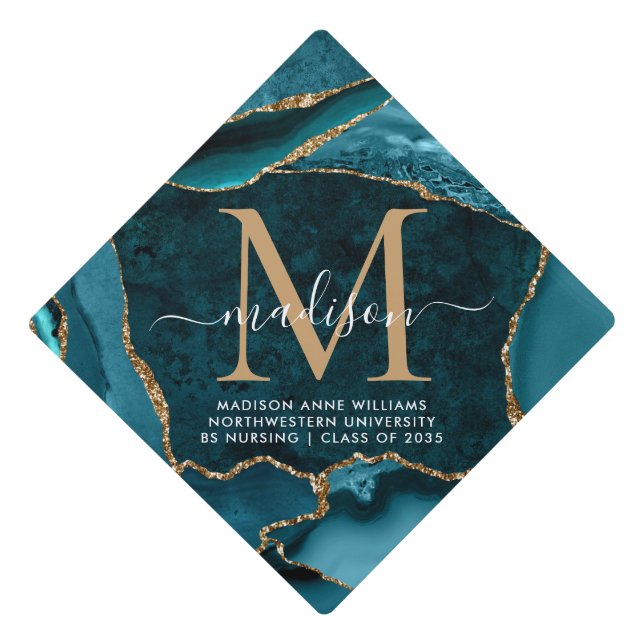 Teal Green Gold Glitter Monogram Marble Agate Grad Graduation Cap Topper (Front)
