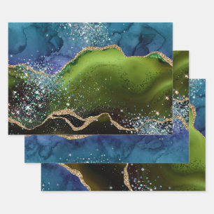 Teal & Green & Gold Glitter Peacock Agate Wrapping Paper Sheets