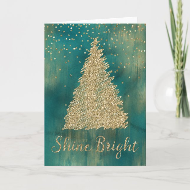 Teal Green Gold Glitter Shine Christmas Tree  Card (Front)