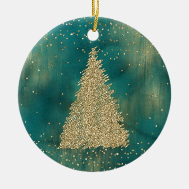 Teal Green Gold Glitter Shine Christmas Tree   Ceramic Ornament (Front)