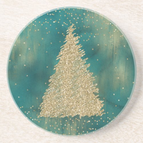 Teal Green Gold Glitter Sparkle Christmas Tree    Coaster