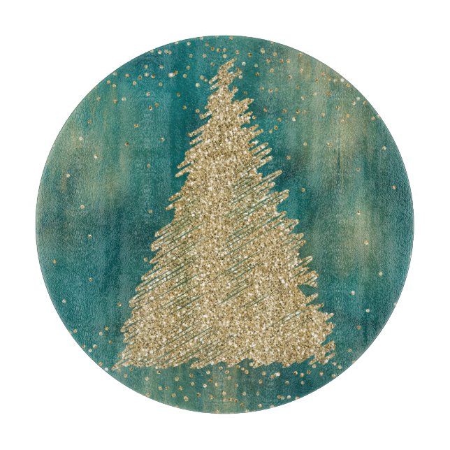 Teal Green Gold Glitter Sparkle Christmas Tree    Cutting Board (Front)