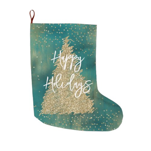 Teal Green Gold Glitter Sparkle Christmas Tree    Large Christmas Stocking