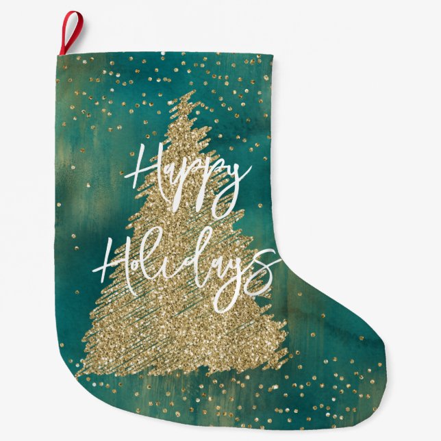 Teal Green Gold Glitter Sparkle Christmas Tree    Large Christmas Stocking (Front)