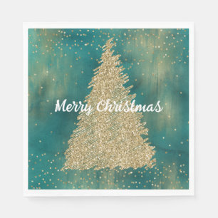 Teal Green Gold Glitter Sparkle Christmas Tree Napkins