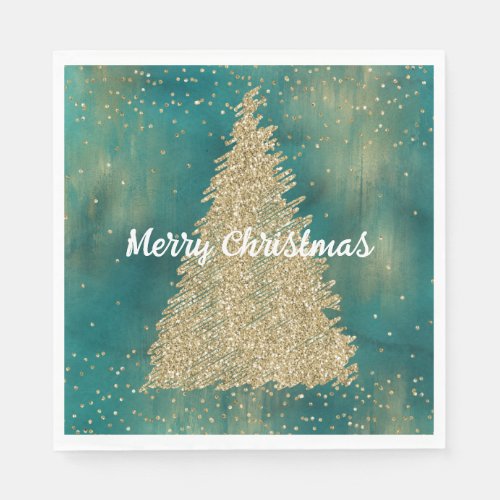 Teal Green Gold Glitter Sparkle Christmas Tree    Napkins