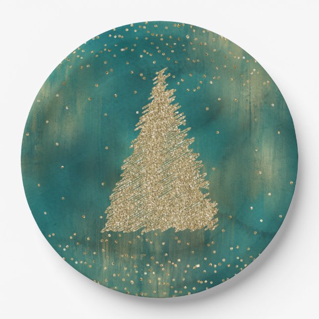 Teal Green Gold Glitter Sparkle Christmas Tree   Paper Plates (Front)