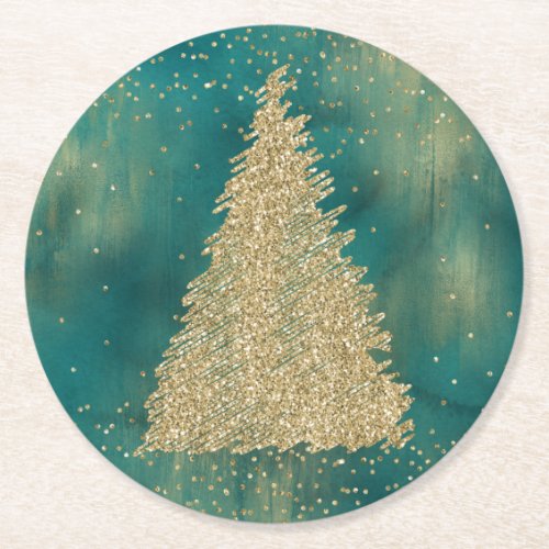 Teal Green Gold Glitter Sparkle Christmas Tree    Round Paper Coaster