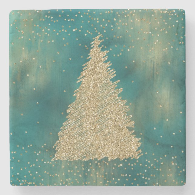 Teal Green Gold Glitter Sparkle Christmas Tree     Stone Coaster (Front)