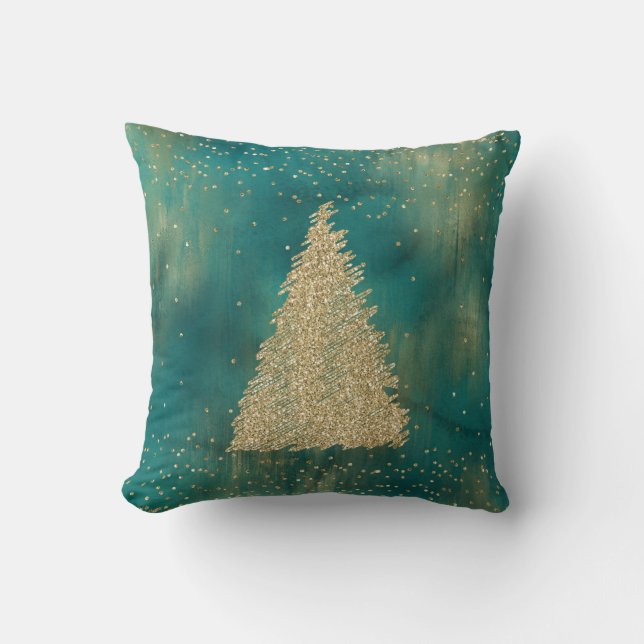 Teal Green Gold Glitter Sparkle Christmas Tree    Throw Pillow (Front)