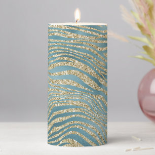 Teal Green Gold Glitter Zebra Print   Pillar Candle