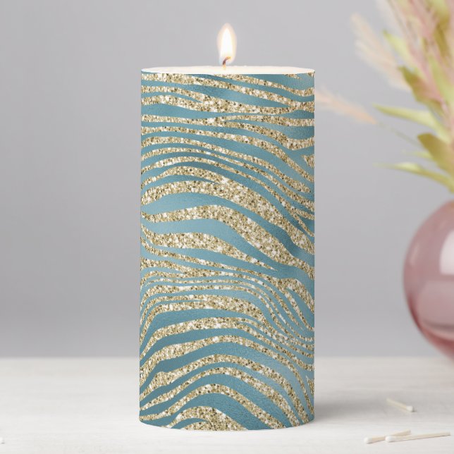 Teal Green Gold Glitter Zebra Print   Pillar Candle (In Situ)