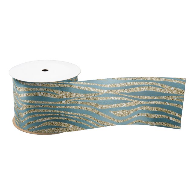 Teal Green Gold Glitter Zebra Print  Satin Ribbon (Spool)