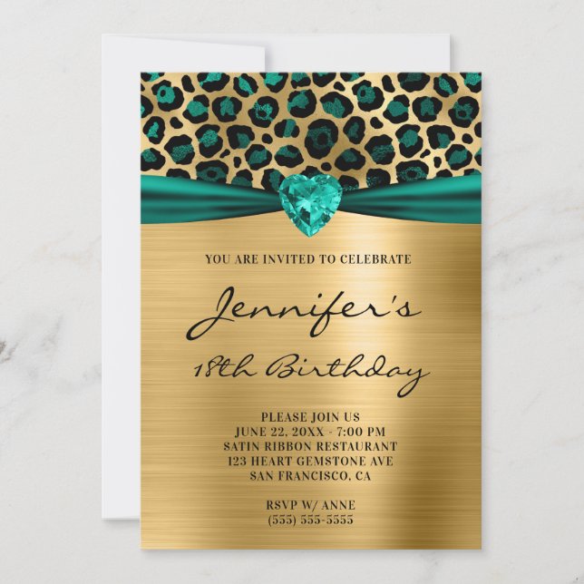 Teal Green Gold Leopard Foil Heart 18th Birthday Invitation (Front)