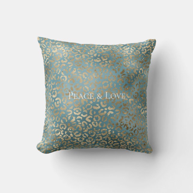 Teal Green Gold Leopard Print    Throw Pillow (Front)