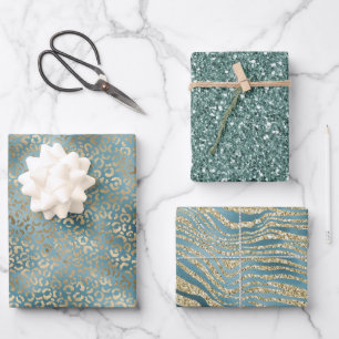 Teal Green Gold Leopard Print Wrapping Paper Sheets