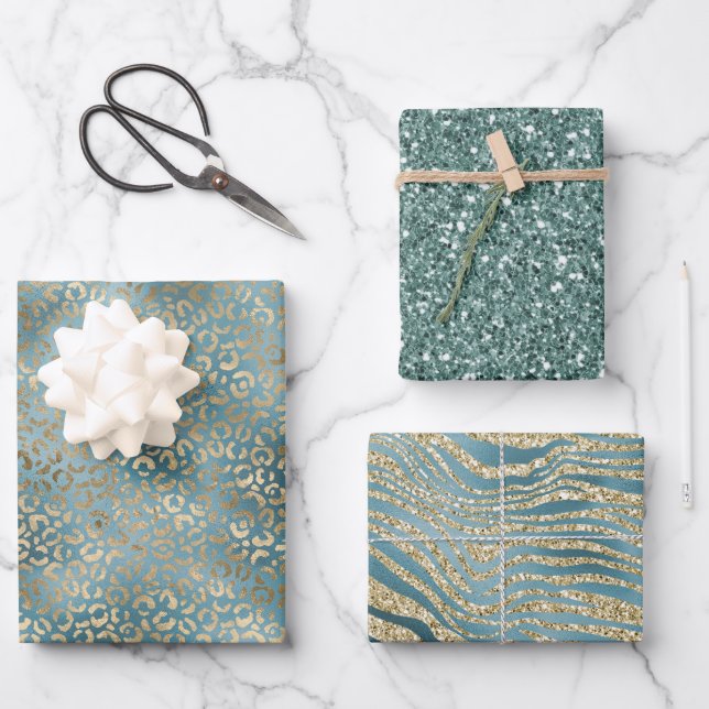 Teal Green Gold Leopard Print   Wrapping Paper Sheets (Front)