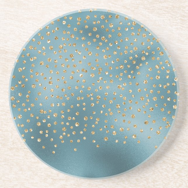 Teal Green Gold Luxe Glam Glitter Dots      Coaster (Front)
