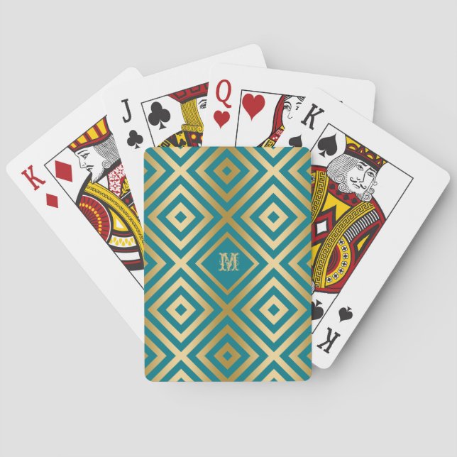 Teal-Green & Gold Modern Geometric Pattern Poker Cards (Back)