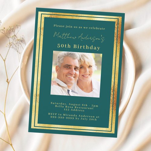 Teal green gold photo birthday invitation