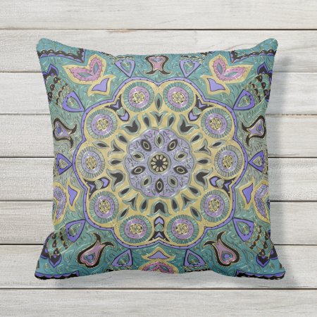 Teal Green Gold Purple Pentagram Mandala Outdoor Pillow