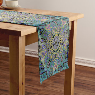 Teal Green Gold Purple Pentagram Mandala Short Table Runner