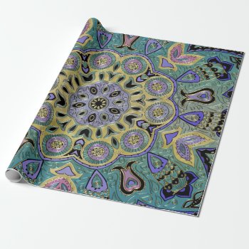 Teal Green Gold Purple Pentagram Mandala Wrapping Paper by Skinssity at Zazzle