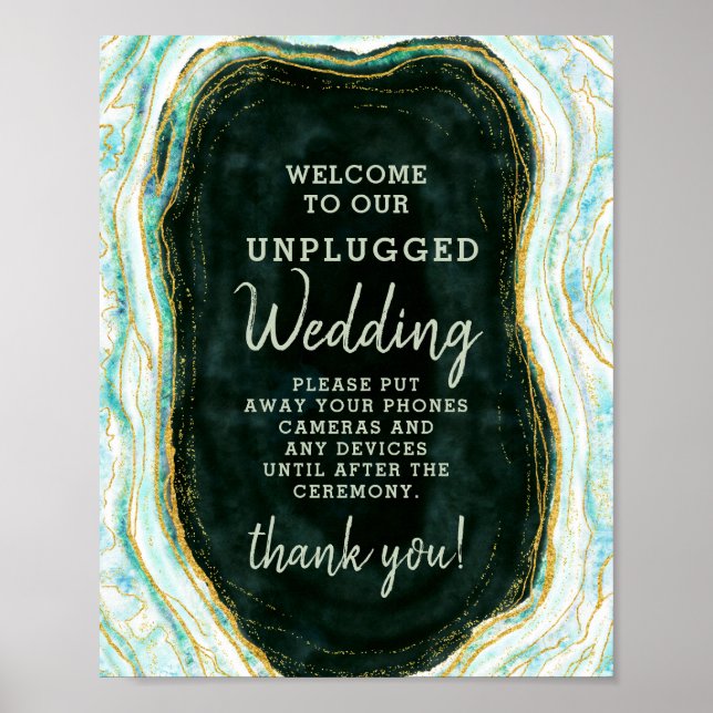 Teal Green & Gold Unplugged Wedding Table Sign (Front)