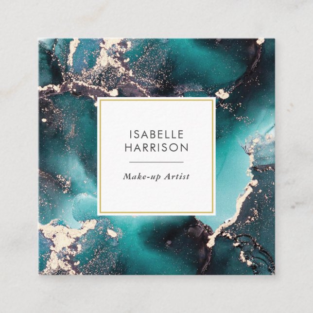 Teal green gold watercolor ink business card (Front)