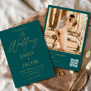 Teal Green Gold Wedding QR Code Photo Script Invitation
