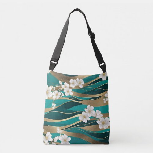 Teal Green Gold White Floral Blossoms Crossbody Bag