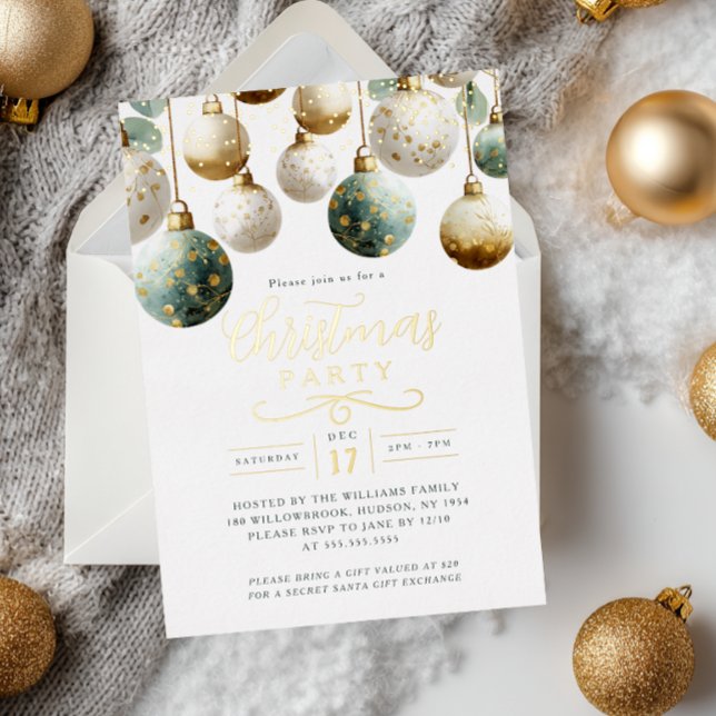 Teal Green Golden Baubles Christmas Party  Foil Invitation (Creator Uploaded)